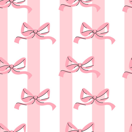 Coquette seamless pattern pink ribbon bow on striped background. Trendy aesthetic patterned drawing. Vector illustrationのイラスト素材