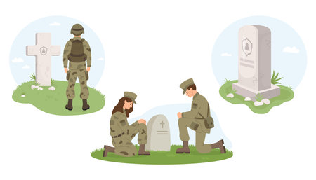 Memorial Day set. Veterans Military Cemetery. Soldier warrior, woman and man in uniform on one knee in front of gravestone grave. Vector illustration. Isolated elementsのイラスト素材