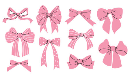 Coquette aesthetic pink ribbon bow collection. Isolated trend drawing elements. Vector illustrationのイラスト素材