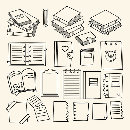 Books, notebooks, notepads and sheets, notes, album. Collection of outline doodles. Stationery, education. Vector illustration. Isolated hand drawing for design and decoration.のイラスト素材