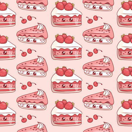 Seamless pattern with cute slice of birthday cake with strawberries on pink background with cherries. Funny holiday kawaii cartoon character. Vector illustration. Kids collectionのイラスト素材