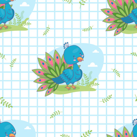 Seamless pattern with cute peacock on checkered white background. Funny cartoon kawaii bird. Vector illustration. Kids collectionのイラスト素材