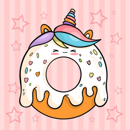 Funny sweet donut in shape of unicorn with drops of white icing. Cute delicious pastries cartoon kawaii character on pink decorative background. Vector illustration. Kids collectionのイラスト素材