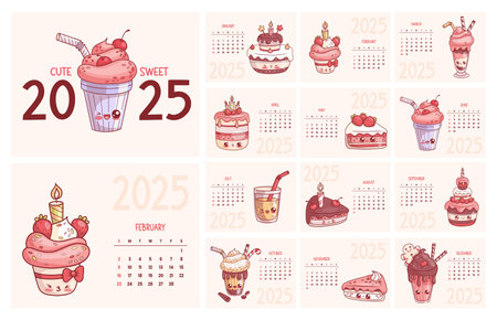 2025 Sweet calendar. Cute kawaii character milk shake, birthday cake, lemonade, cream dessert and cupcake. Vector English horizontal monthly printable planner 12 month pages and cover. Week Sundayのイラスト素材