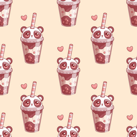 Seamless pattern with funny kawaii cartoon character Panda bear. Cute glass of Bubble Tea with straw and heart on light beige background. Vector illustrationのイラスト素材