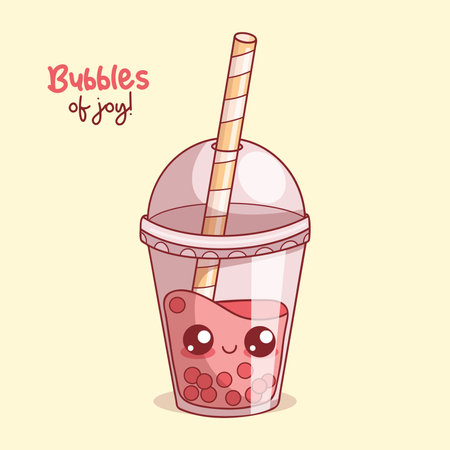 Cute glass of Bubble Tea with straw. Funny cartoon kawaii character drink. Vector illustration. Kids collectionのイラスト素材