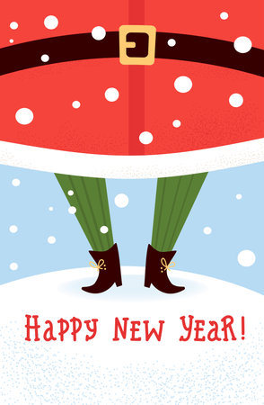 Happy new year. Cute funny legs Santa Claus in snow with lettering congratulation. Christmas holiday vertical card. Vector illustrationのイラスト素材