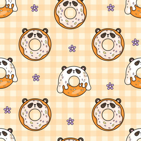 Seamless pattern with cute sweet donut panda bear. Funny kawaii cartoon character food on yellow checkered background with flowers. Vector illustration. Kids collectionのイラスト素材