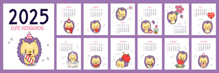 Cute hedgehog calendar 2025. Funny cartoon kawaii animal character. Vertical printable planner organizer. Cover and 12 month pages English. Week from Sunday. Vector illustration. Kids collectionのイラスト素材
