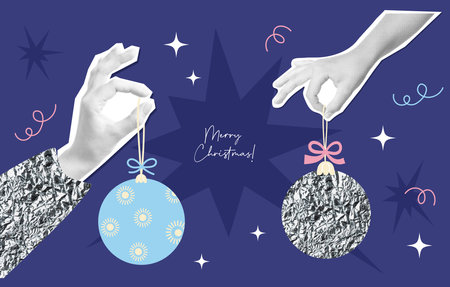 Merry Christmas celebration. Vintage Halftone Hands holding silver Xmas ball. Holiday New Year poster in trendy collage style with Glitter elements. Vector illustrationのイラスト素材
