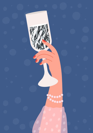 Elegant female hand with shiny silver drink in glass on blue background. Vector illustrationのイラスト素材