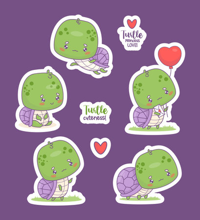Cute turtles stickers. Funny cartoon animal floating, with balloon and cool phrases slogans. Isolated kawaii characters. Vector illustration. Kids collectionのイラスト素材