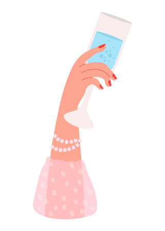 Elegant female hand in pink with drink in glass. Vector illustration in flat styleのイラスト素材