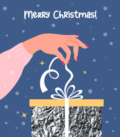 Merry Christmas. Woman Hand in pink opens bow from silver gift box on blue background. Vector illustration. Holiday New Year cardのイラスト素材