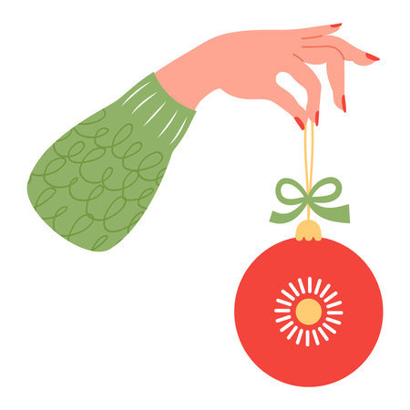 Elegant female hand holding red Christmas ball with bow. Vector illustration. Holiday Xmas, New Yearのイラスト素材
