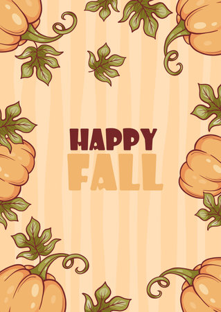 Happy fall card. Orange pumpkin and leaves on decorative striped background. Vertical Thankful autumn poster. Vector illustration. Greeting banner, flyer, party thanksgiving designのイラスト素材
