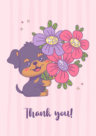Thank You card. Cute dog with bouquet of flowers on pink background. Vertical poster Thankful banner, flyer, Grateful Greetings, Appreciation Note, Message. Vector illustration. Kids collectionのイラスト素材