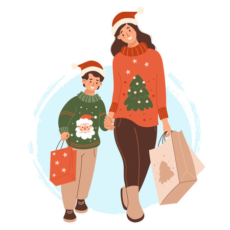 Christmas Shopping. Happy cute woman with child boy in Xmas sweaters with New year packages and gifts. Vector illustration. Holiday shoppers characters seasonal lifestyleのイラスト素材