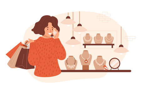 Jewelry store. Day of shopping and sale. Cute happy girl with paper shopping packages talking on phone near jewelery counter and mannequins. Vector illustration. Holiday female shopper characterのイラスト素材