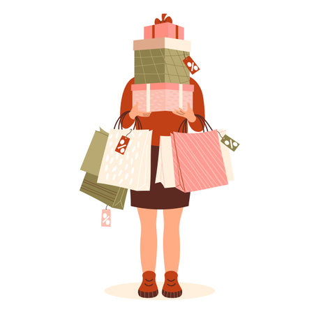 Shopping, sale. Girl stands with a bunch of packages and gift boxes. Vector illustration. Holiday shopper character, shopaholic, Consumerism, purchase conceptのイラスト素材