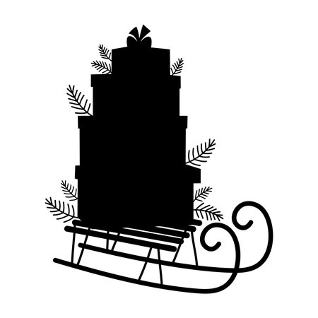 Christmas sleigh with gift boxes and tree branches. Silhouette black drawing New Year decor element isolated on white background. Vector illustrationのイラスト素材