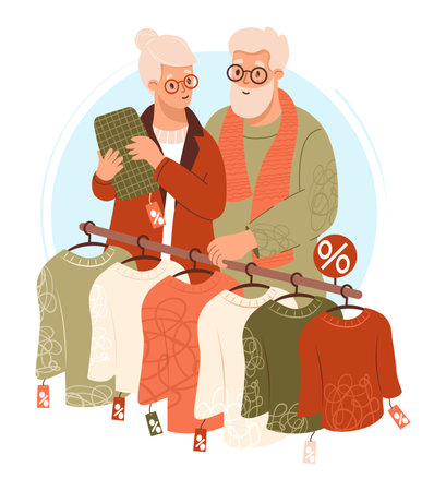 Happy couple of elderly woman and man. Cute people shoppers choosing gift on seasonal sale with hangers with fashionable clothes and sweaters. Vector illustration. Concept buyer and holiday shoppingのイラスト素材
