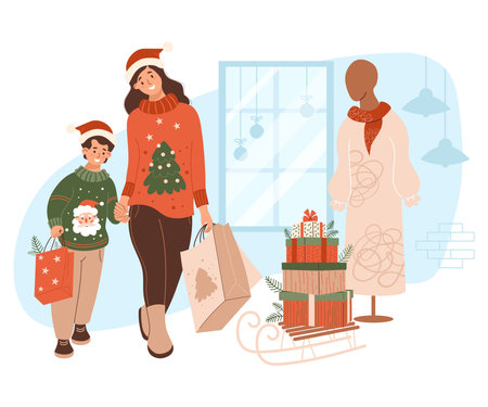 Christmas Shopping. Happy woman with son boy in Xmas sweaters in Santa hats with New year packages gifts walking along snowy street near store window. Vector illustration. Holiday shoppers, lifestyleのイラスト素材