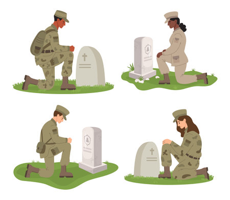 Military Diverse ethnic soldier men and women stand on one knee in front of graves. Memorial Veterans Military Cemetery. Vector illustration in flat style. Isolated elementsのイラスト素材