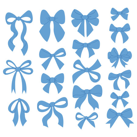 Cute coquette aesthetic blue color bow ribbon collection. Vector illustration. Trendy girls hairstyle accessories. Isolated girly element on white backgroundのイラスト素材