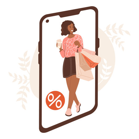 Online Shopping. Happy dark skinned woman buyer in phone with packages gift. Seasonal Sale. Holiday shopper character. Shop in smartphone. Vector illustration in flat styleのイラスト素材