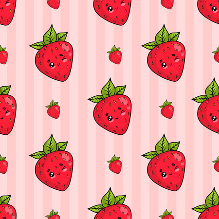Seamless pattern with cute kawaii cartoon red playful strawberry character on pink striped background. Vector illustrationのイラスト素材