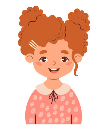 Cute cartoon little girl with curly hairstyle. Vector illustration. Smiling anime female child character isolated on white background. Print for T-shirt for kidsのイラスト素材