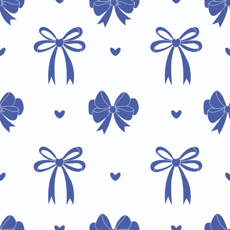 Seamless pattern dark blue ribbon bow and hearts on white background. Trendy Coquette aesthetic accessories. Vector illustrationのイラスト素材