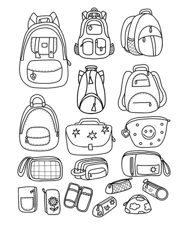 School backpacks, satchels, bag, pencil cases and supplies doodle collection. Vector illustration. Isolated outline hand drawings for design and decorationのイラスト素材