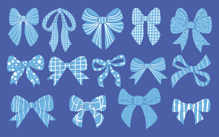 Blue decorative bow ribbon set. Isolated textured elegant girly coquette aesthetic elements. Vector illustration. Trendy striped, dotted, checkered bow-knot hand drawn accessoriesのイラスト素材