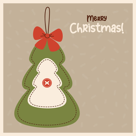 Christmas tree with red bow. Retro handmade Xmas sewn toy. Vintage holiday square card. Vector illustrationのイラスト素材