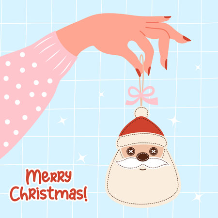 Female hand in pink holding Christmas handmade sewn toy Santa Claus on light blue checkered background. Vector illustration. Holiday Xmas, New Year card in flat styleのイラスト素材