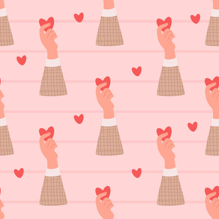 Romantic Seamless pattern. Red valentine heart in hand on striped pink background. Vector festive illustration in flat styleのイラスト素材