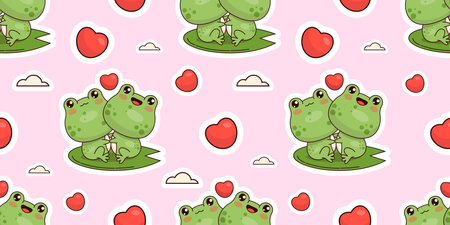 Seamless pattern with romantic snake on pink background with hearts. Cute valentine kawaii reptile animal character. Vector illustration.のイラスト素材