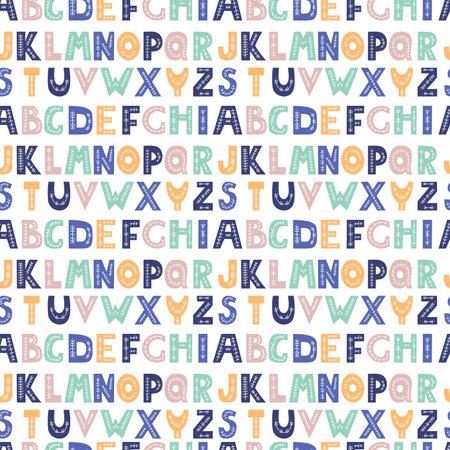 Seamless pattern folk alphabet. Decorative multi-colored letters on white background. Vector illustration. Hand drawing lettering ornament backdrop.のイラスト素材