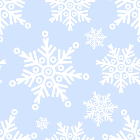 Seamless winter pattern. Decorative white snowflakes on light blue background. Vector illustration. New Year Christmas template ornament for holiday designのイラスト素材