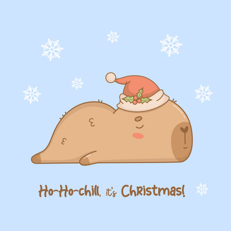 Cute Christmas lying sleeping Capybara in Santa hat with snowflakes. Funny winter festive cartoon kawaii character. Vector illustration. Holiday cool card. Kids collectionのイラスト素材
