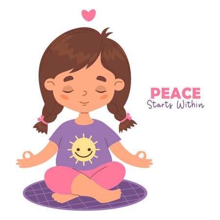 Calm peaceful girl with braids hairstyle meditating. Cute child female character sitting in asana with folded fingers. Vector illustration in flat styleのイラスト素材