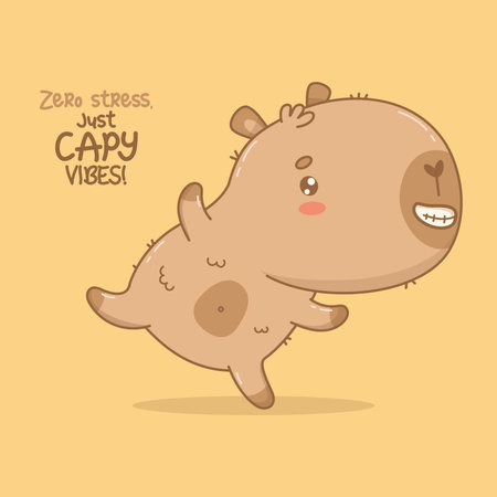 Happy Cartoon Capybara with Relaxed Vibes. Funny playful kawaii character. Vector illustration. Card with cool slogan. Kids collectionのイラスト素材
