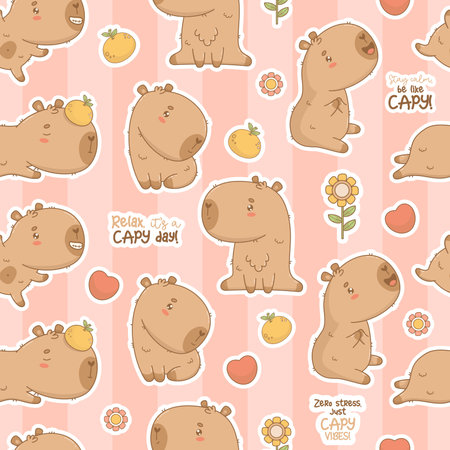 Seamless pattern. Cute Capybara cartoon kawaii character on striped pink background. Vector illustration. Kids collectionのイラスト素材