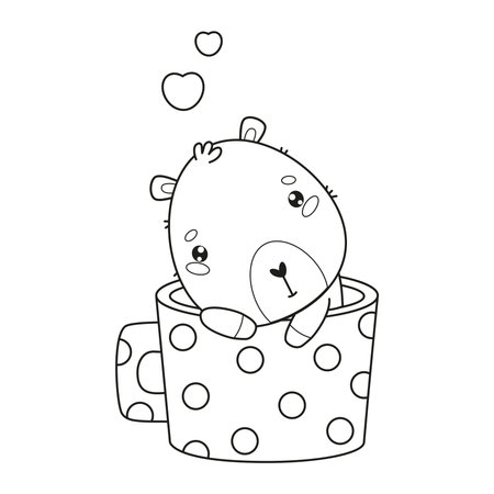 Outline romantic in love Capybara in polka dot cup. Calm enamored cartoon kawaii character. Line drawing, coloring book. Vector illustration. Kids collectionのイラスト素材