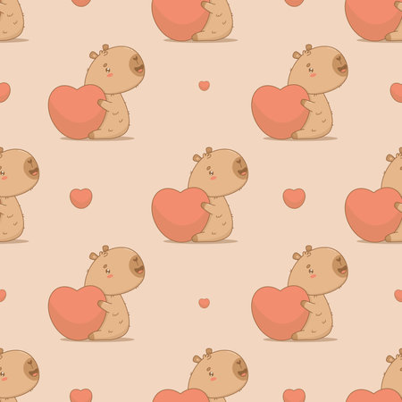 Seamless romantic pattern. Cute happy cartoon capybara with big heart on beige background. Vector illustration. Ornament template valentine.のイラスト素材