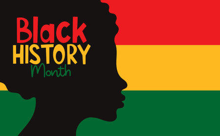 Black history month banner. Silhouette of profile African American woman on background national red, yellow and green flag. Vector illustration design graphic. Horizontal template for card, posterのイラスト素材