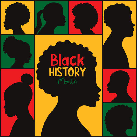 Black History Month poster. Silhouette African American men and women in repeating geometric shapes in red, yellow, green in color national flag. Vector illustration. Modern minimalistic square bannerのイラスト素材