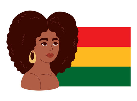 Black History Month. Sweet curly African American woman with red, yellow, green flag. Vector illustration. Holiday in February in USA, Canada October in UK. Flat festive character girlのイラスト素材
